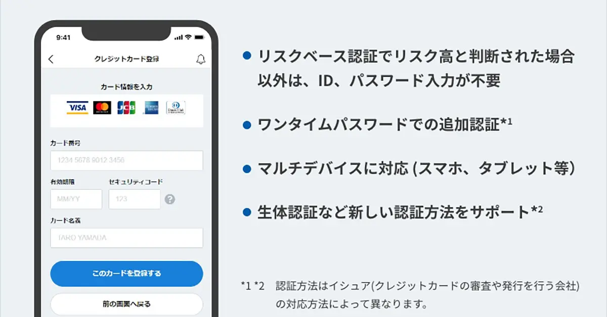 「3Dセキュア2.0」ではリスクベース認証が採用されているため、リスクベース認証でリスクが高いと判断された場合を除いたほとんどの取引で、パスワードの入力なしに認証を完了できます。