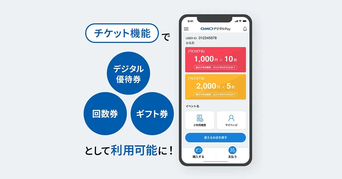チケット機能で各種優待券・回数券・ギフト券に対応！