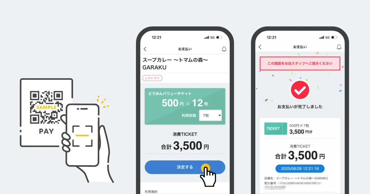 お支払いの流れの説明図。左側に手でスマートフォンを操作してQRコードをスキャンするイラスト。中央に購入済みの「どうみんバリューチケット」(500円 × 12枚)の利用枚数を選択できるドロップダウンメニューがあり、7枚選択されている。合計金額は3,500円。青いボタン「決定する」を押す手のアイコンが強調されている。最後に支払い完了画面で、赤いチェックマークと「お支払いが完了しました」のメッセージが表示されている。